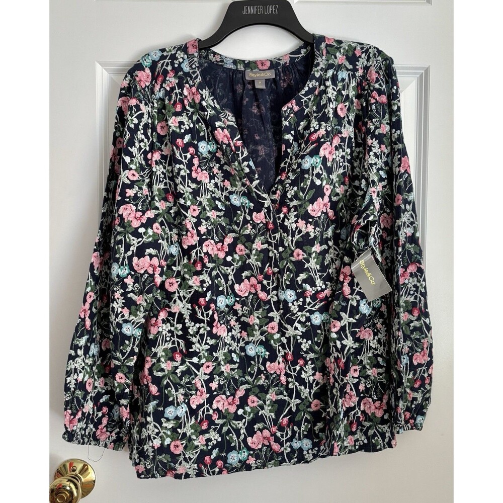 Style & Co. Women's Tops Navy Floral Pullon Long Sleeve Gauze Cotton V Neck 2X